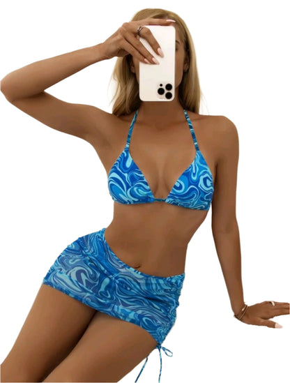 SHE kék mintás háromrészes bikini szett