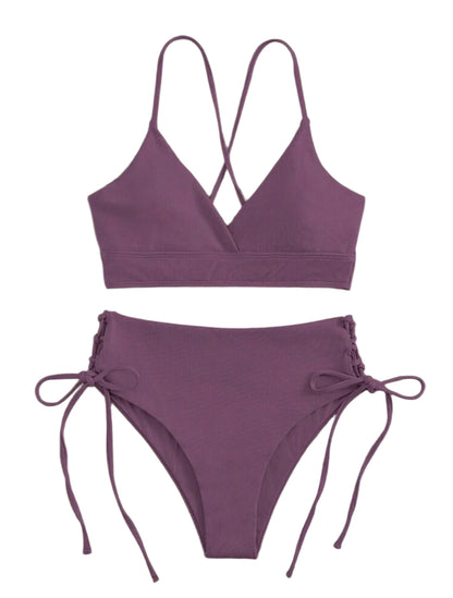 SHE lila magas derekú oldalt fűzős bikini szett