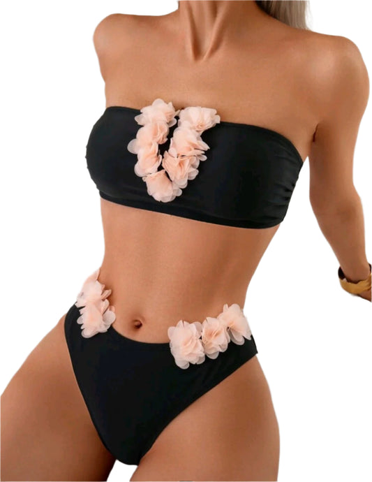 SHE fekete virágdíszes bandeau bikini