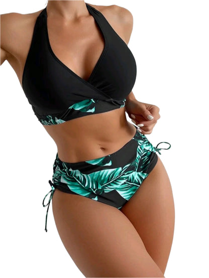 SHE fekete-zöld leveles magasderekú bikini