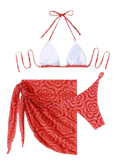 SHE piros virágmintás háromrészes bikini szett