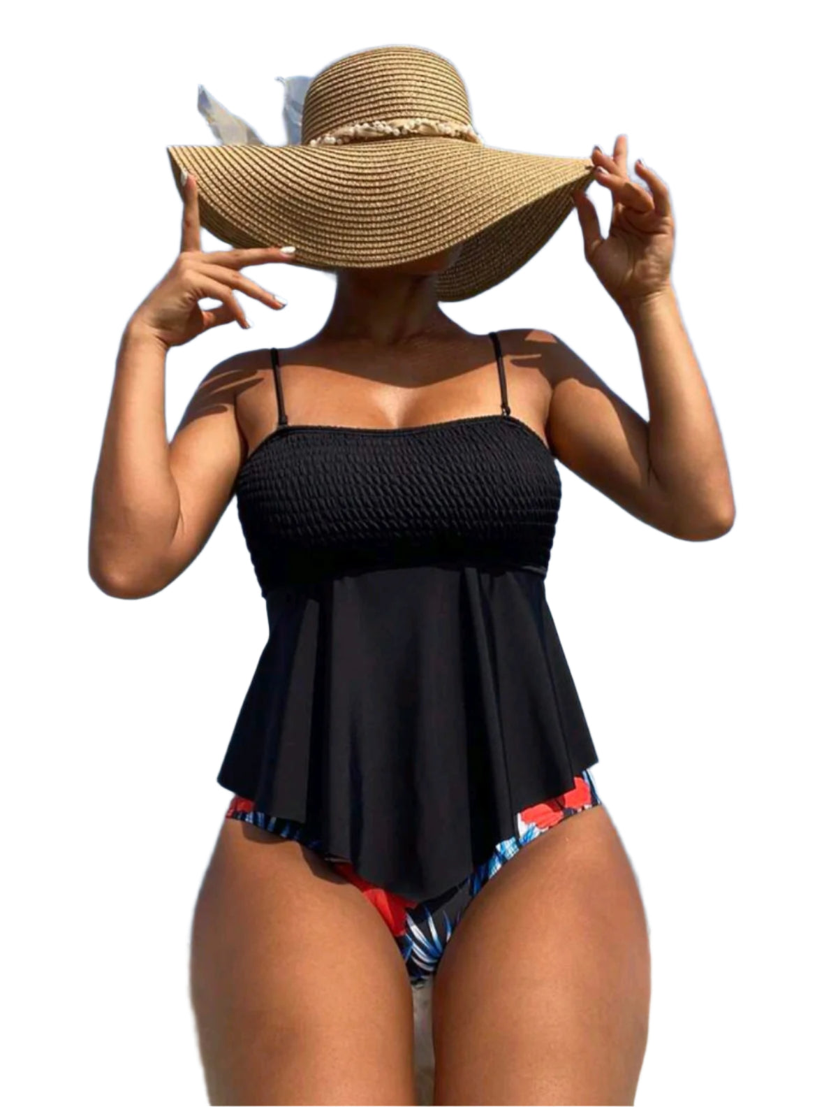 SHE fekete peplum tankini virágmintás alsóval
