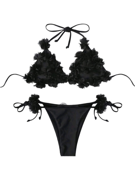 SHE fekete 3D virágos bikini szett