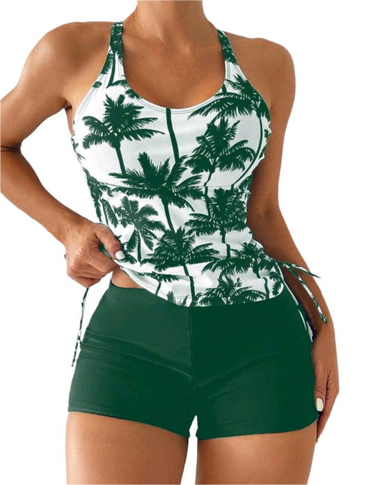 SHE zöld-fehér pálmafás tankini shorttal