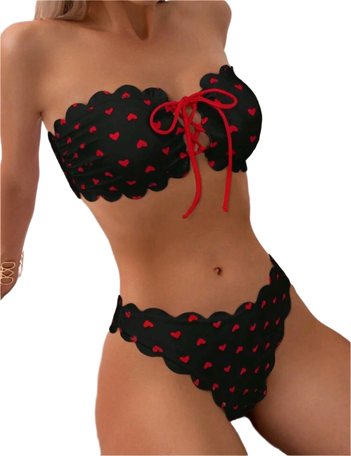 SHE fekete szív mintás pánt nélküli bikini