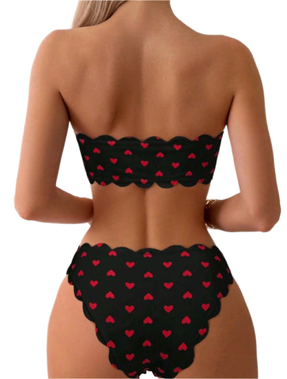 SHE fekete szív mintás pánt nélküli bikini