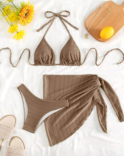 SHE barna texturált háromrészes bikini szett