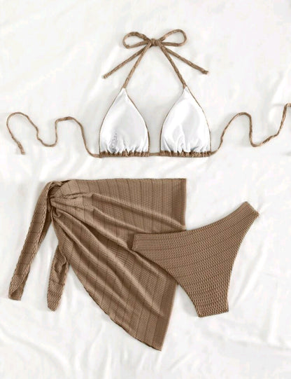 SHE barna texturált háromrészes bikini szett