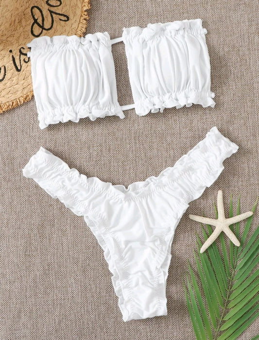 SHE fehér fodros bandeau bikini szett