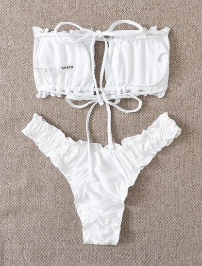 SHE fehér fodros bandeau bikini szett