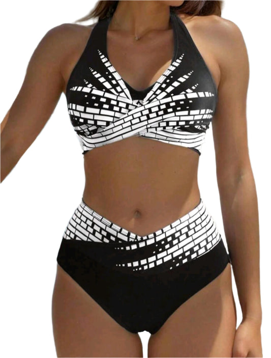 SHE fekete-fehér mintás magas derekú bikini szett