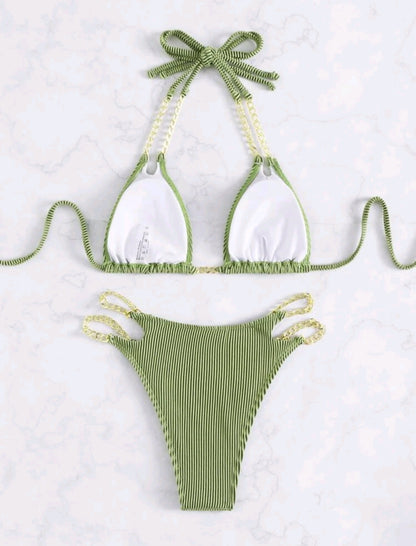 SHE zöld bordázott láncos bikini
