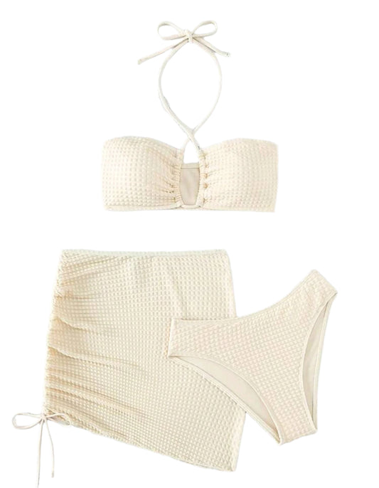 SHE vajszínű texturált háromrészes bikini szett