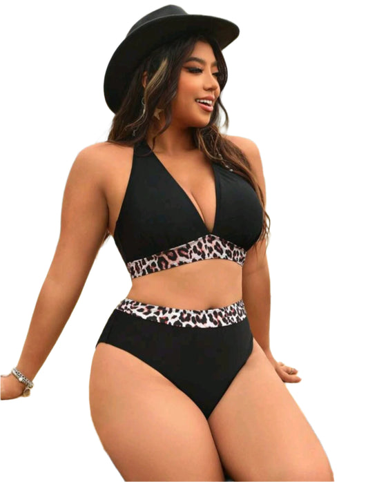 SHE fekete leopárdmintás betétes bikini szett