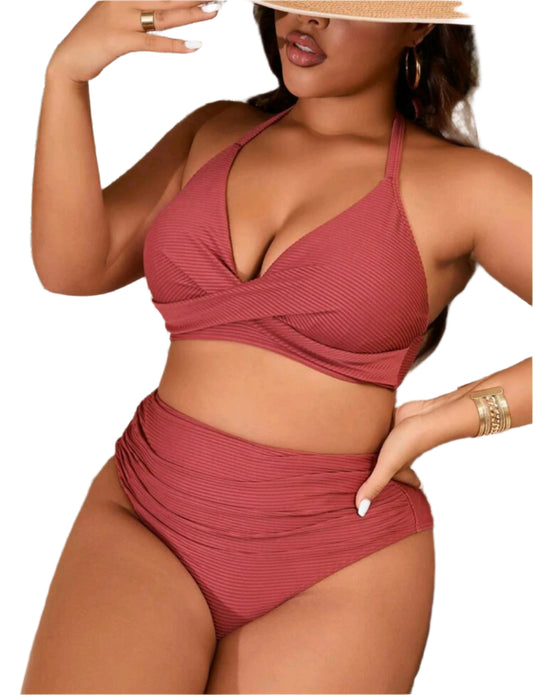 SHE bordó bordázott magas derekú bikini