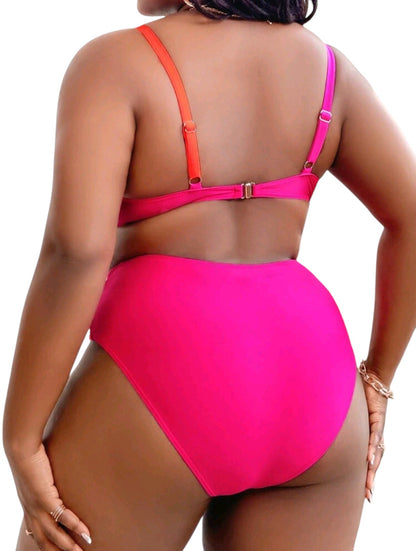 SHE rózsaszín narancssárga színblokkos magasderekú kétrészes bikini