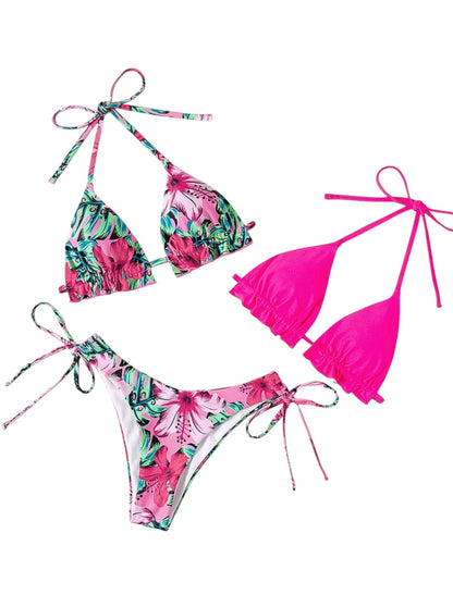 SHE rózsaszín virágmintás megkötős kétrészes bikini szett