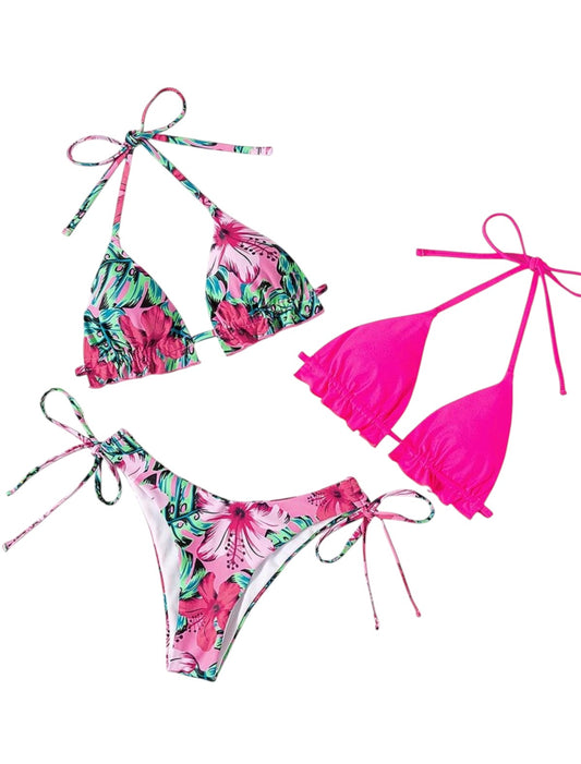 SHE rózsaszín virágmintás megkötős kétrészes bikini szett