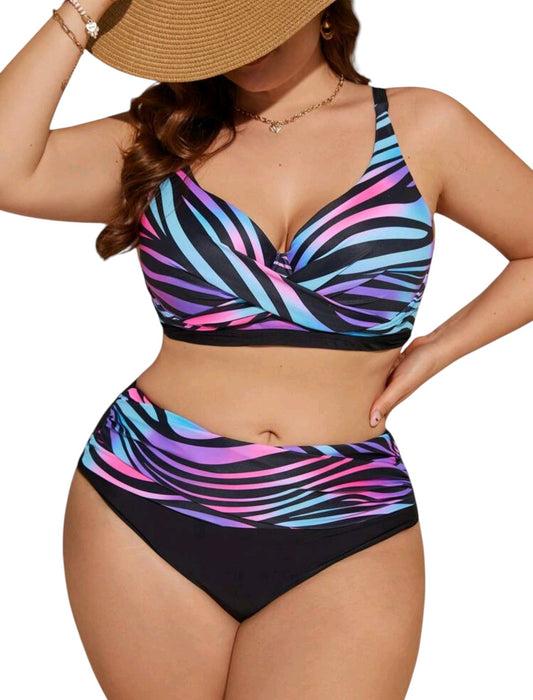 SHE fekete színátmenetes csíkos plus size kétrészes bikini