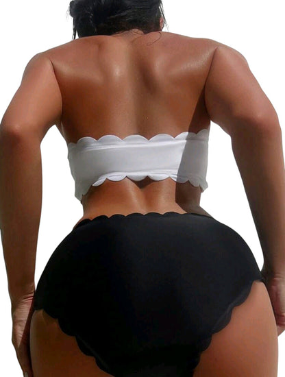 SHE fehér fekete virágos fodros kétrészes bikini