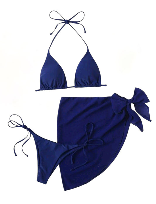 SHE sötétkék háromrészes bikini szett pareóval