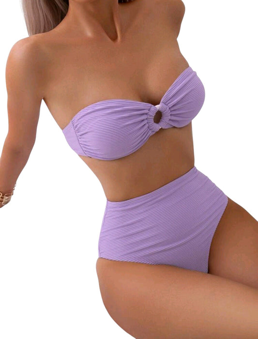 SHE lila texturált magasderekú pánt nélküli kétrészes bikini