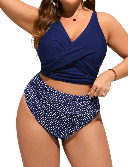 SHE sötétkék pöttyös magasderekú plus size kétrészes bikini