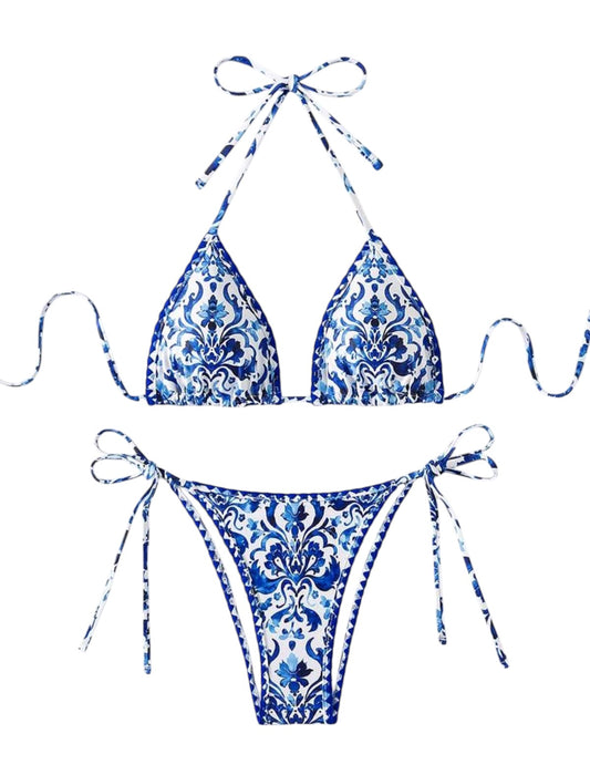 SHE kék-fehér porcelánmintás megkötős kétrészes bikini