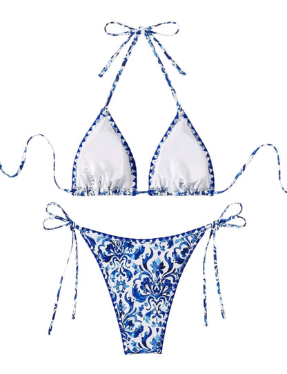 SHE kék-fehér porcelánmintás megkötős kétrészes bikini