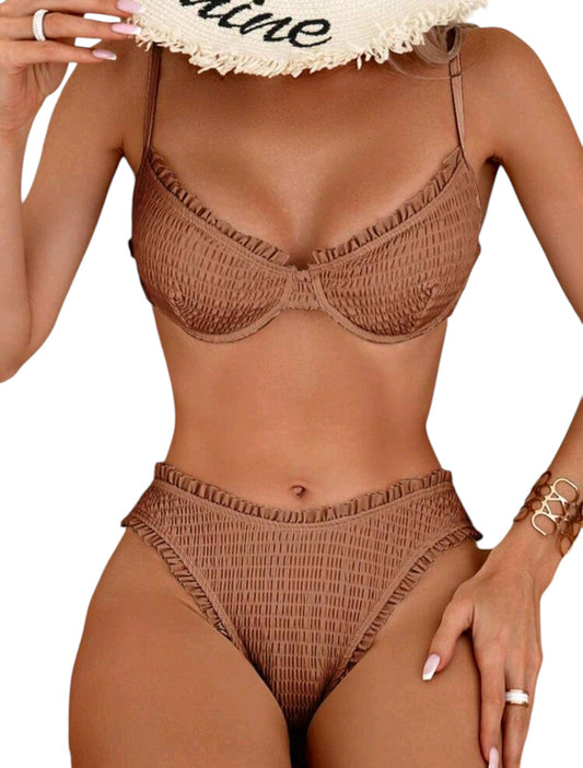 SHE barna húzott fodros magasderekú kétrészes bikini