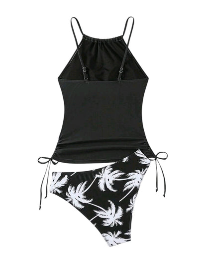 SHE fekete pálmafamintás tankini szett megkötős alsóval