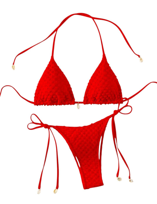 SHE piros kagylódíszes megkötős kétrészes bikini