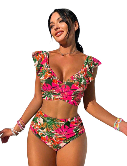SHE trópusi mintás fodros magasderekú kétrészes bikini