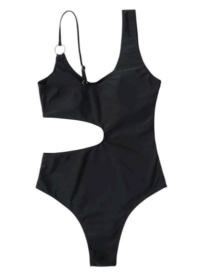 SHE fekete félvállas kivágott monokini