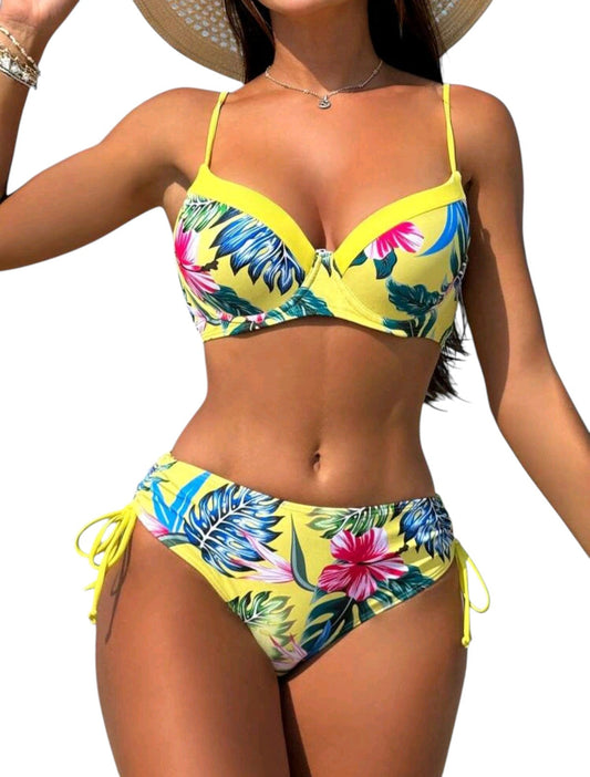 SHE sárga trópusi mintás merevítős bikini
