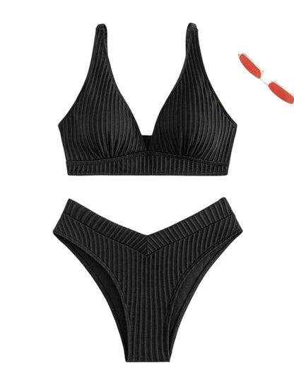 SHE fekete bordázott V-kivágású bikini