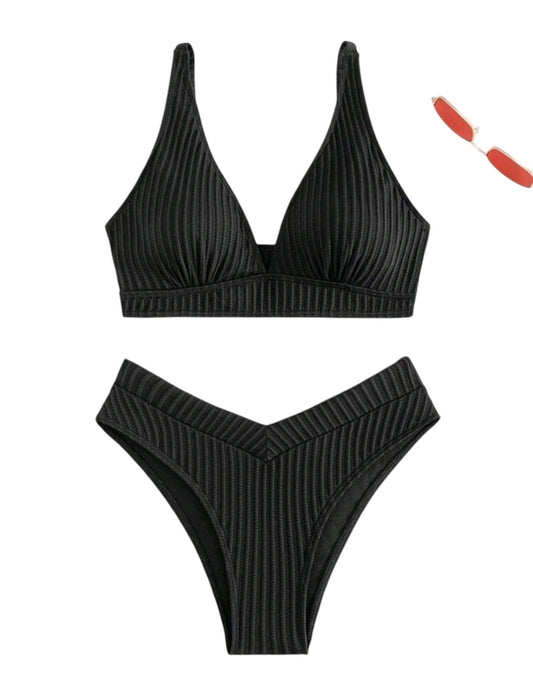 SHE fekete bordázott V-kivágású bikini