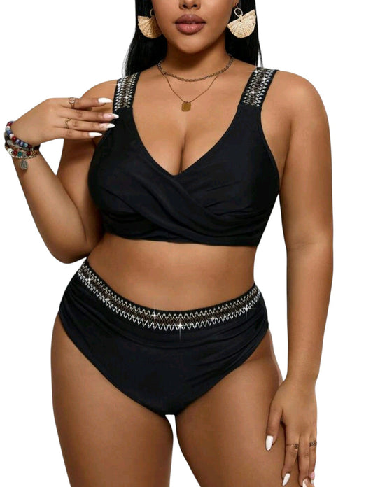 SHE fekete top trópusi mintás sorttal tankini szett