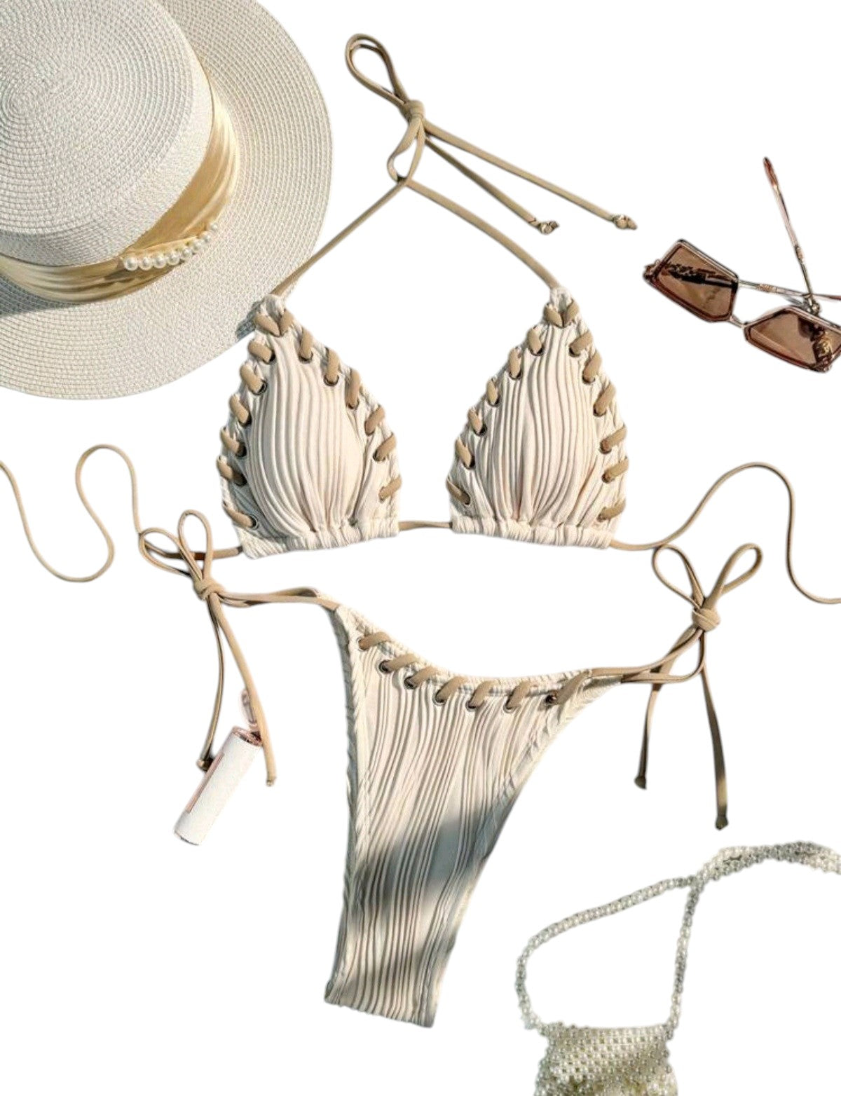 SHE krémszínű texturált horgolt szélű bikini