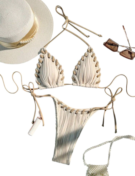 SHE krémszínű texturált horgolt szélű bikini