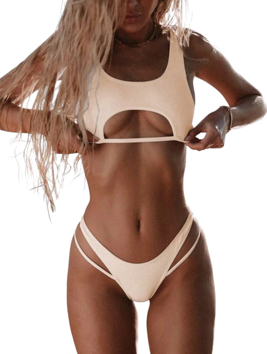 SHE bézs bordázott kivágott bikini
