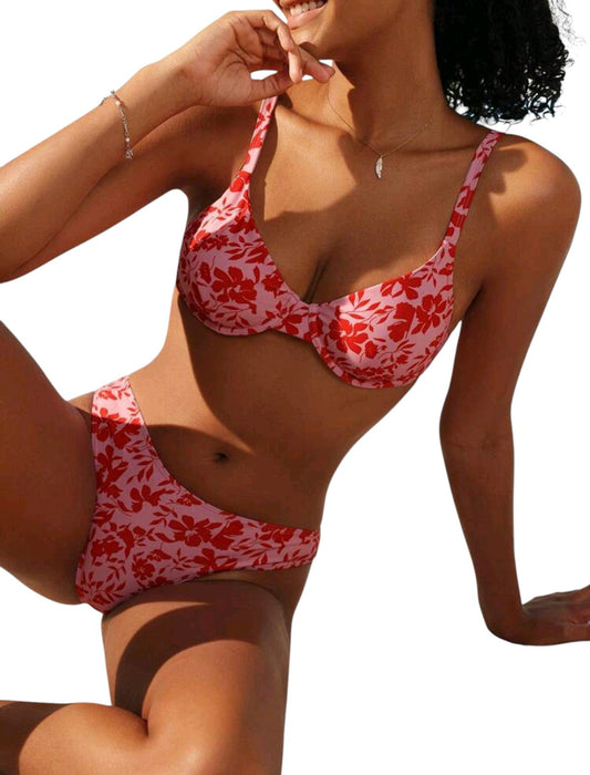 SHE rózsaszín piros virágmintás merevítős bikini