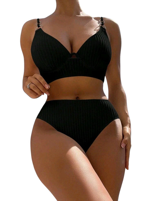 SHE fekete bordázott karika díszes bikini