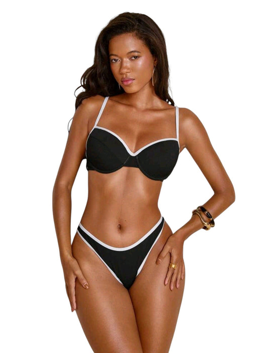 SHE fekete kontraszt szegélyes merevítős bikini