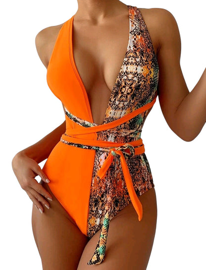 SHE narancs kígyómintás megkötős monokini