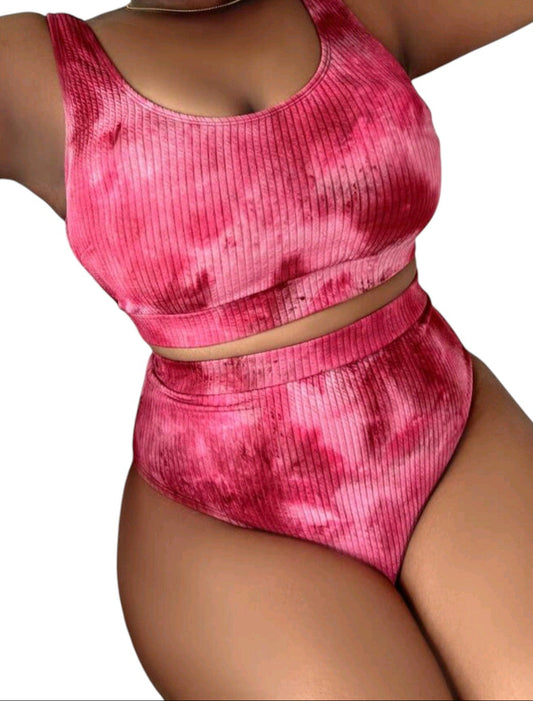SHE rózsaszín tie-dye bordázott tankini