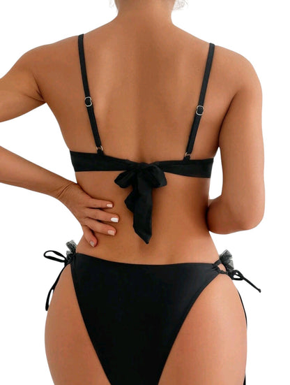 SHE fekete tüll fodros merevítős bikini