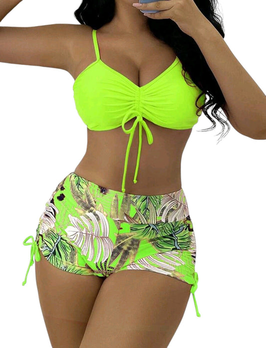 SHE neonzöld tankini levélmintás sorttal
