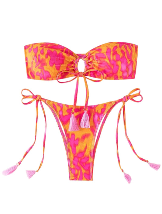 SHE narancs-rózsaszín mintás bojttos bandeau bikini