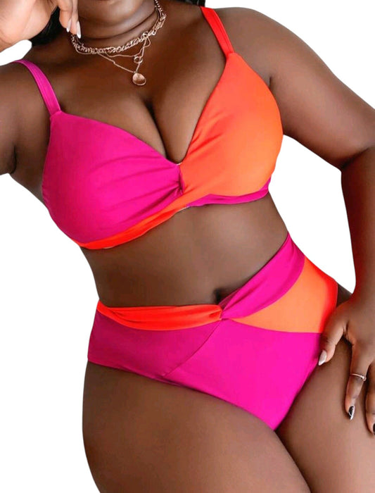 SHE pink-narancs colorblock bikini szett